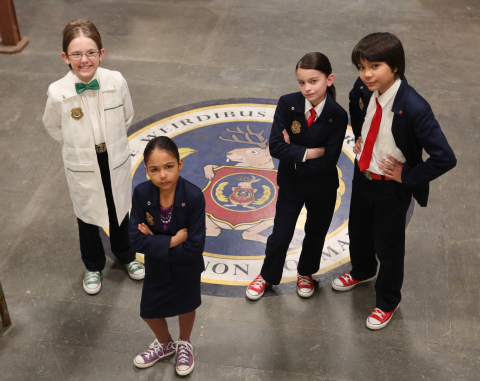 PBS KIDS will premiere a new live-action series, ODD SQUAD, Wednesday, November 26, 2014. Pictured (left to right): Sean Michael Kyer ("Agent Oscar"), Millie Davis ("Ms. O"), Dalila Bela ("Agent Olive") and Filip Geljo ("Agent Otto"). (Photo credit: ODD SQUAD (C) 2014 The Fred Rogers Company.)
