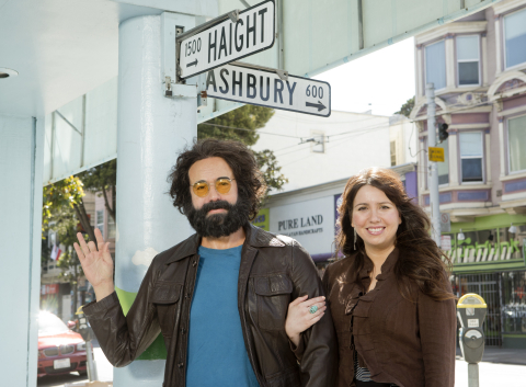 Keelin Garcia stands with a wax figure of her late father Jerry Garcia at the corner of Haight and Ashbury Streets in San Francisco, CA. (Beck Diefenbach / Madame Tussauds)