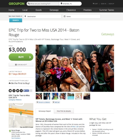 Groupon launches epic Miss USA experience deal with VIP tickets to 2014 Miss USA Competition, rehearsal, after-party, meet-and-greet and more. (Photo: Business Wire)