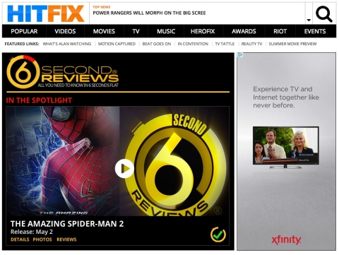 Six-Second Movie Review Landing Page on HitFix.com (Photo: Business Wire)