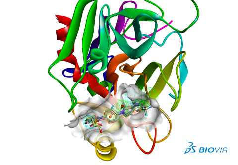 Developed within Dassault Systemes' 3DEXPERIENCE platform and its BIOVIA application set, shows a 3D model of multiple drug alternatives within the binding pocket of their protein target. Dassault Systemes' BIOVIA is now the largest and deepest solution portfolio for the biological, chemical and material modeling, simulation and production domains. BIOVIA's list of 2,000+ customers includes numerous Fortune 500 companies, such as Sanofi, Pfizer, GSK, AstraZeneca, Du Pont, Shell, BASF, P&G, Unilever and L'Oreal. (Graphic: Business Wire)
