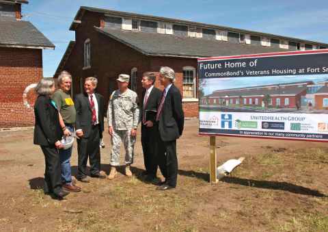 Former homeless Vietnam veteran Jerry Readmond (second from left), an advocate for homeless veterans, shares his story with military officials and development partners at the groundbreaking for CommonBond's Veterans Housing at Fort Snelling. L to R: Minnesota Housing Commissioner Mary Tingerthal; Readmond; Paul Fate, president & CEO, CommonBond Communities; Major General Rick Nash, Adjutant General, Minnesota National Guard; Tom McGlinch, vice president, investment management, UnitedHealth Group; and Warren Hanson, president and CEO of Minnesota Equity Fund (Photo: Greg Page).