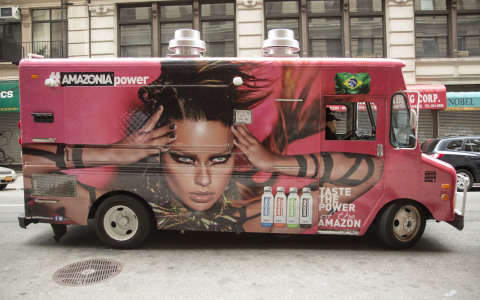 AMAZONIA Beverages' mobile hydration truck, the "#UrbanJungle Oasis" enters the #UrbanJungle of New York, May 28, 2014. INSIDER IMAGES/Gary He (UNITED STATES)