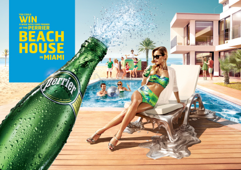 Perrier(R) Sparkling Natural Mineral Water today announces the launch of its 2014 Beach House Sweepstakes, offering consumers the chance to win a week-long VIP vacation getaway for the Grand Prize winner and nine friends to the luxurious Perrier Beach House in Miami. (Graphic: Business Wire)