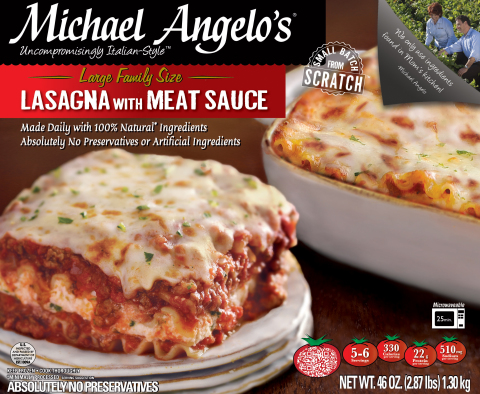 Michael Angelo's Gourmet Foods launched five new large sizes of 100 percent natural meals at Walmart, including Meat Lasagna available in 46 ounces and 80 ounces. (Photo: Business Wire)