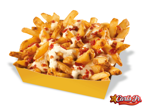 The new Bacon Ranch Fries feature Carl's Jr.'s premium-quality, skin-on Natural-Cut French Fries, topped with creamy buttermilk ranch dressing and crispy bacon crumbles, served with a fork. (Photo: Business Wire)