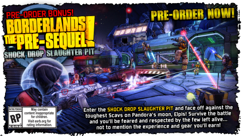 Gamers who pre-order Borderlands: The Pre-Sequel will gain access to the Shock Drop Slaughter Pit bonus content. Taking place in an old Dahl facility on Pandora’s moon, players will meet TR4-NU, who once was one of Dahl’s military recruiters until he went crazy. TR4-NU is now hosting the Shock Drop Slaughter Pit and giving awesome loot to those who succeed against the moon’s toughest enemies. To pre-order Borderlands: The Pre-Sequel, please visit  http://borderlandsthegame.com/index.php/retail/borderlands-the-presequel.(Graphic: Business Wire)