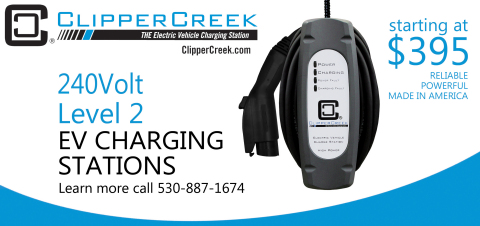 ClipperCreek's $395 Level 2, 240V EV charging station, available for immediate delivery, directly from the factory in Auburn, CA. (Graphic: Business Wire)