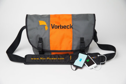Vor-Power(TM) flexible battery strap being used on a messenger bag to charge smart phones. (Photo: Vorbeck Materials Corp.)