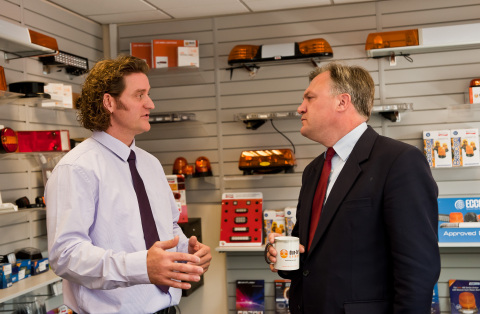 Andrew Strath, the Group Managing Director of Dun-Bri Group, with the Shadow Chancellor, Ed Balls MP during his visit to Dun-Bri Yorkshire (Photo: Business Wire)