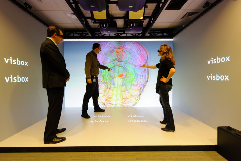 610 Main Street in Cambridge, Mass., features Pfizer's VisCube, a research environment that enables knowledge discovery through immersion in detailed information and exploration of 3D data. The 3D depiction of the human brain in the image is helping Pfizer's Neuroscience Research Unit, led by Michael Ehlers, M.D., Ph.D., advance a deeper understanding of brain circuitry. (Photo: Business Wire)