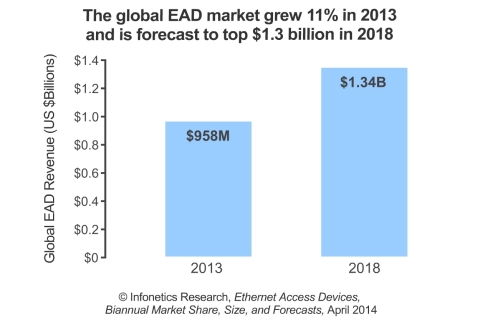 Actelis, Adva, Ciena, Overture, and RAD (in alphabetical order) lead the EAD market (all 5 companies topped the leaderboard in both 2012 and 2013), reports Infonetics. (Graphic: Infonetics Research)