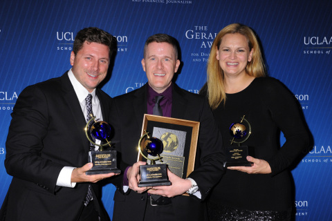 (From left) Jeff Piper, Rick Yarborough, and Tisha Thompson of WRC-TV win in the Video/Audio category at the 2014 Gerald Loeb Awards in NYC. (Photo: Business Wire)