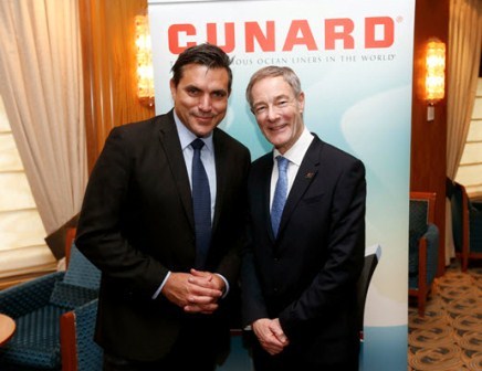 Celebrity Chef Todd English with David Dingle, CEO of Cunard Line, while aboard flagship Queen Mary 2. (Photo: Business Wire)