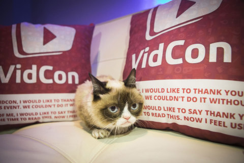 Friskies® “official spokescat,” Grumpy Cat helped announce the third annual “The Friskies” awards, for the best Internet cat videos of the year, during VidCon at the Anaheim Convention Center, Friday, June 27, 2014, in Anaheim, Calif. Fans can enter "The Friskies" at www.TheFriskies.com. (Bret Hartman/AP Images for Friskies)