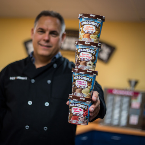 Ben & Jerry’s Flavor Guru Eric Fredette proudly displays the new Cores line he helped create, photo credit to Ben & Jerry’s