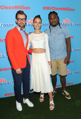 Celebrity stylist Brad Goreski, left, actress Jordana Brewster, center, and New York Jets running back Chris Johnson attend the Mr. Clean Summer Fashion party, Tuesday, July 1, 2014, in New York. The event, hosted by Goreski, showcased that there are about a million uses for the famed Magic Eraser, including those in fashion, beauty and beyond. (Diane Bondareff/Invision for Mr. Clean)