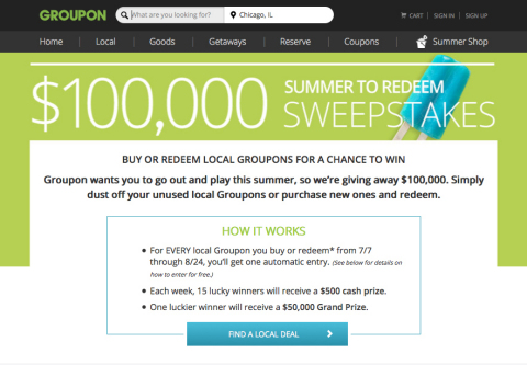 Groupon launches $100,000 Summer to Redeem Sweepstakes, which includes $500 cash prizes each week and one grand prize of $50,000 cash. (Graphic: Business Wire)