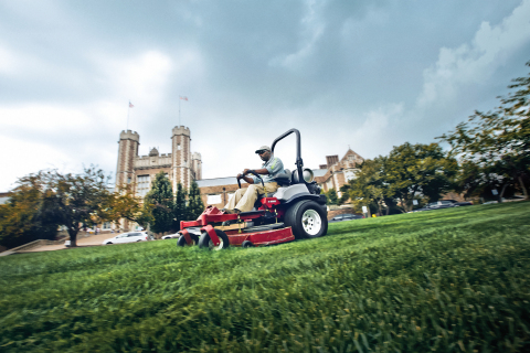 TOP Care Lawn Service operates a low-emission, propane-powered Exmark ZTR lawn mower on the grounds of Washington University in St. Louis. Propane-powered mowers emit 20 percent fewer GHGs than gasoline models. (Photo: Business Wire)