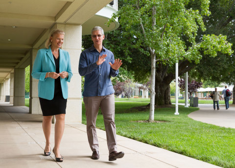 Tim Cook, Apple CEO and Ginni Rometty, IBM CEO today announced a global partnership to transform enterprise mobility through a new class of business apps--bringing IBM's big data and analytics capabilities to iPhone and iPad. Courtesy of Apple/Paul Sakuma
