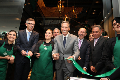 Starbucks chairman, president and chief executive officer Howard Schultz celebrated the opening of Starbucks first store in Colombia on July 16, 2014 with Starbucks partners (employees) and leaders from Alsea and Grupo Nutresa. Located in Bogota’s Parque de la 93, this iconic three-story location serves 100% locally sourced coffee, honoring the country’s rich coffee heritage.   In this photo: Cliff Burrows (Starbucks group president, US, Americas and Teavana), Cielo Morero (store manager), Rich Nelsen (Starbucks svp and general manager, Latin America,), Howard Schultz (Starbucks chairman, president and ceo), Carlos Gallego (ceo of Grupo Nutresa), Alberto Torrado (chairman of Alsea), Federico Tejado (general manager of Starbucks for Alsea).  (Photo: Business Wire)