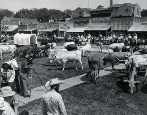 Historic photo of longhorn cattle on the main street in Dodge City, KS. (1966) (Photo: Business Wire)