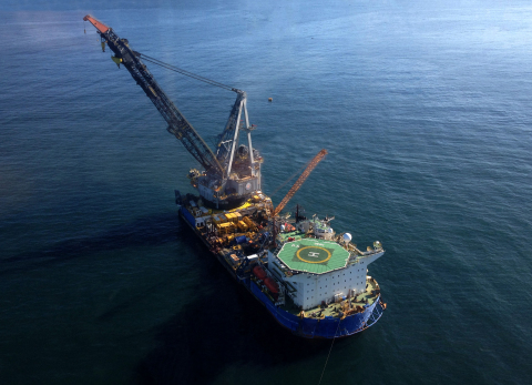 The McDermott heavy-lift vessel, Derrick Barge 50, will install the Megalodon platform in 391 feet of water, over an existing well site in the Gulf of Mexico. (Photo: Business Wire)