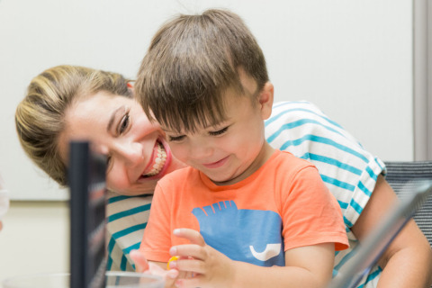 A Los Angeles medical team performed California's first auditory brainstem Implant surgery on a toddler at Children's Hospital Los Angeles. Auguste Majkowski, 3, with his mom Sophie, six weeks after surgery. (Photo: Business Wire)