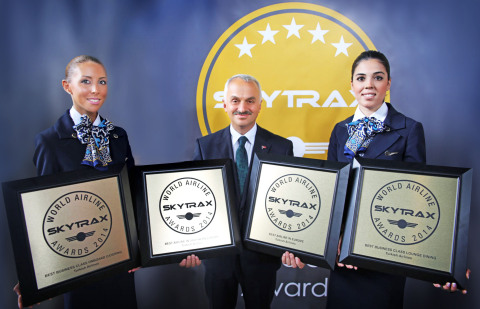 Turkish Airlines CEO Temel Kotil, Ph.D. accepts the "Best Airline in Europe," "Best Airline in Southern Europe," "Best Business Class Catering," and "Best Business Class Lounge Dining" awards at the 2014 Skytrax World Airline Awards. (Photo: Business Wire)