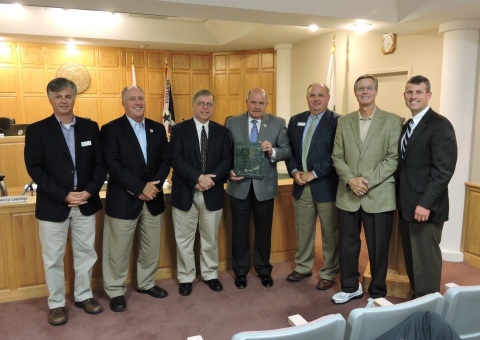 Shown here at the awards ceremony are (from left): Steve Ammons, council pro-tem for Vestavia Hills, Ala.; George Pierce, city council member for Vestavia Hills, Ala.; Rick Carson, account manager - complex sales for Trane; Alberto C. Zaragoza, Jr., mayor of Vestavia Hills, Ala.; John Henley, city council member for Vestavia Hills, Ala.; Jim Sharp, city council member for Vestavia Hills, Ala.; and Chuck Bowers, area manager for Trane. (Photo: Business Wire)