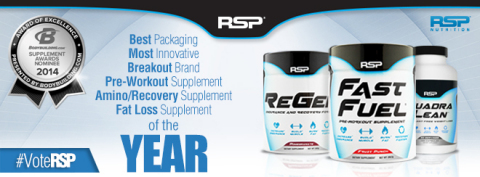 RSP Nutrition has been Nominated for 6 of the bodybuilding.com Yearly Awards! - Best Packaging of the Year - Most Innovative brand of the Year - Breakout Brand of the Year - Pre-workout Supplement of the Year - Fast Fuel - Amino/Recovery Supplement of the Year - Regen - Fat Loss supplement of the Year - RSP QuadraLean Vote for RSP Nutrition at bodybuilding.com/awards! (Graphic: Business Wire)