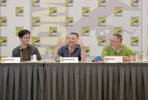 In this photo distributed by Activision Publishing Inc., renowned comic book writer Ron Marz (R) participates in the “Skylanders: The Creative Process of Bringing Toys to Life” panel at San Diego Comic-Con 2014 on July 24, 2014 in San Diego, California. The panel offered insights into the development process of one of the world’s most successful video game franchises of all time. Other panel speakers include famed voice of Kaos Richard Horvitz (C) and Toys for Bob’s Director of Toy and Character Development, I-Wei Huang (L). (Photo by Charley Gallay/Getty Images for Activision)