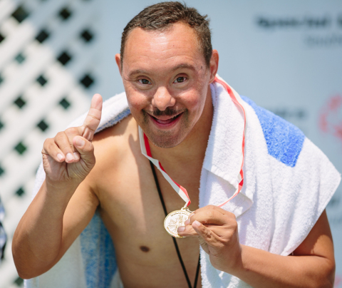 A Special Olympics athlete celebrates the One Year Away milestone for the 2015 World Games (LA2015) to be held July 25, 2015 in Los Angeles. (Photo: Cory Hansen Photography)