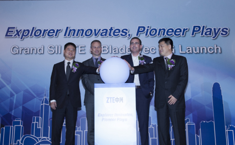 (from left to right): CEO of ZTE Mobile Devices, EVP of ZTE Corporation, Mr. Adam, Zeng Xuezhong; Vice President, Marketing, Qualcomm Technologies, Inc., Mr. Tim McDonough; President of Google Greater China, Mr. Scott Beaumont; CEO of Asia Pacific & CIS Mobile Devices, SVP President of ZTE Corporation, Mr. Jacky, Zhang Shumin, together kick off the launch of two new devices. (Photo: Business Wire)