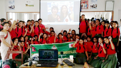 The Nepalese school and the Japanese elementary school were linked together for the remote lesson. ( ... 