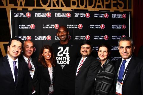 Kobe Bryant and Turkish Airlines executives at the airline's Global Business Travel Association (GBTA) booth. Pictured from left to right: Turkish Airlines General Manager, New York, Ihsan Baytan; Turkish Airlines General Manager, Chicago, Levent Selvili; Turkish Airlines General Manager, Western Region USA, Fatma Yuceler; Turkish Airlines Brand Ambassador, Kobe Bryant; Turkish Airlines Vice President of Marketing and Sales, America and North Europe, Mustafa Dogan; Turkish Airlines General Manager, Washington, D.C., Handan Corekci; Turkish Airlines General Manager, Houston, Adem Ekmekci. (Photo: Business Wire)