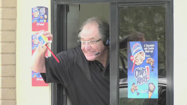 Colorful soccer commentator Ray Hudson surprises fans at the drive thru of a DQ Grill & Chill® Restaurant during the launch of the new Chips Ahoy! ® Blizzard® Treat. 
