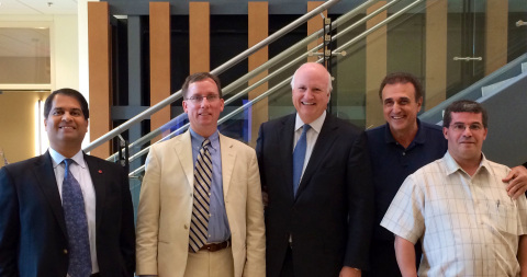 Dr. Ajay Malshe, Dr. Timothy Persons, Mr. Jim Phillips, Dr. Greg Salamo and Dr. Mourad Benamara at the Nano Materials Science and Engineering Institute. (Photo: Business Wire)