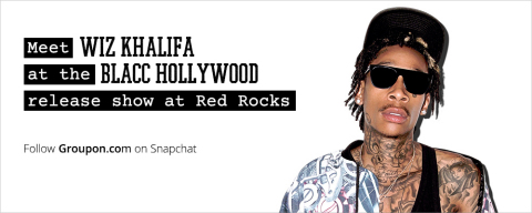 Followers of Groupon.com on Snapchat will get access to an epic Wiz Khalifa deal within the next 7 days that includes airfare to Colorado, tickets to concert at Red Rocks Amphitheatre, hotel accommodations and meet-and-greet with Wiz for $4.20. (Graphic: Business Wire) 