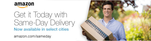 Amazon Same-Day Delivery available for customers in Baltimore, Dallas, Indianapolis, Los Angeles, New York City, Philadelphia, Phoenix, San Francisco, Seattle and Washington DC metro areas. Customers can order as late as noon, seven days a week and get things like popular movies, video games, last-minute travel needs, back-to-school supplies and family necessities delivered to their home the same day. Prime members pay $5.99 for all the same-day delivery items they can order. Learn more about Amazon Same-Day Delivery by visiting www.amazon.com/sameday. (Photo: Business Wire)
