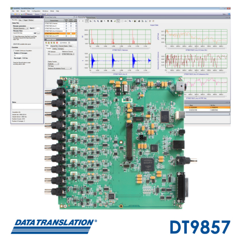 The DT9857 high channel count USB module for noise and vibration measurement employs a highly accurate front end design that allows simultaneous measurement of up to sixteen 24-bit IEPE sensor inputs at a sampling rate of 105.6 kHz, all supported by the QuickDAQ application. (Graphic: Business Wire)