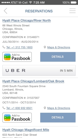 An Uber button will appear under the My Reservations section of the Hyatt app on the day of check-in or during a current stay in cities where Uber operates. (Graphic: Business Wire)