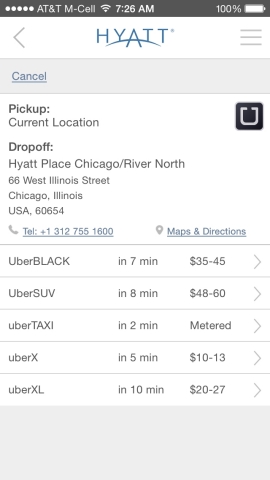 The Hyatt app presents available Uber transportation options and the estimated price of the trip for each option. The destination address will be automatically preset to the address of the Hyatt hotel. (Graphic: Business Wire)