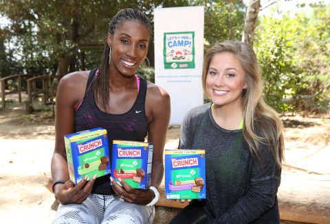 Olympians Shawn Johnson and Lisa Leslie visit Girl Scouts at Camp Mariposa in Los Angeles to rally support for the "Let's Get Her to Camp" campaign with Nestlé Crunch Girl Scout Candy Bars. Less than 13 days remain for fans to participate online at NestleCrunch.com/LetsGetHerToCamp to help send hundreds of girls to Girl Scout camp next summer. (Photo: Business Wire)