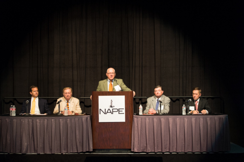 Panelists discuss "Legislative Initiatives and Rule Making Concerns Coming at You" at the 2014 NAPE Business Conference today. From left to right: Jeremy Fitzpatrick, Director of Legal & Regulatory, RKI Exploration & Production, LLC; Lee Fuller, Vice President of Government Relations, IPAA; Alex Mills, President & Chief of Staff, Texas Alliance of Energy Producers; and Gifford Briggs, Vice President for Government Affairs, Louisiana Oil and Gas Association. (Photo: Business Wire)