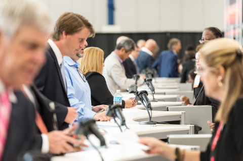 NAPE attendees register at the George R. Brown Convention Center in Houston on Thursday before heading to the show floor for a first look at the 375 exhibit booths. (Photo: Business Wire)