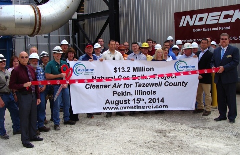 Employees and local officials gather for a ribbon-cutting to celebrate completion of Aventine Renewable Energy's $13.2 million project to upgrade its ethanol plant in Pekin, Illinois, with natural gas boilers. (Photo: Business Wire)