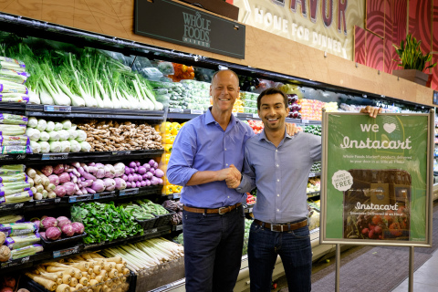 Whole Foods Market co-CEO Walter Robb and Instacart founder and CEO Apoorva Mehta celebrate a partnership that delivers more convenient shopping choices to Whole Foods Market shoppers (Photo: Business Wire)