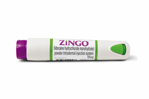 ZiNGO(R) is a hand-held device that, with the push of a button, delivers a 0.5 mg dose of powdered lidocaine particles into the skin via a helium-powered delivery system, numbing the site in one to three minutes. (Photo: Business Wire)