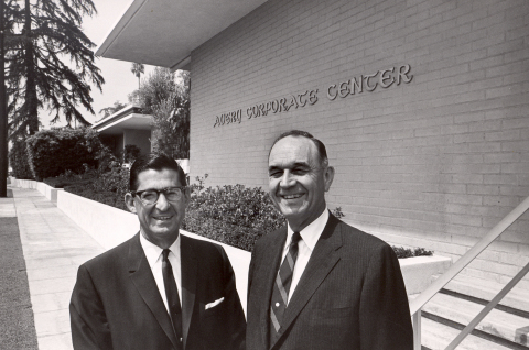 H. Russell Smith (left) and R. Stanton Avery, Avery Dennison founder, in front of the company's former headquarters in San Marino in the 1960s. Smith played a key role in turning Avery's inventions into a thriving business. (Photo: Business Wire)